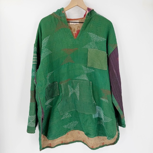 Kantha Bae Tops - Kantha Bae Kelly Green Quilted Oversized Relaxed Hoodie Top Free Size (One Size)